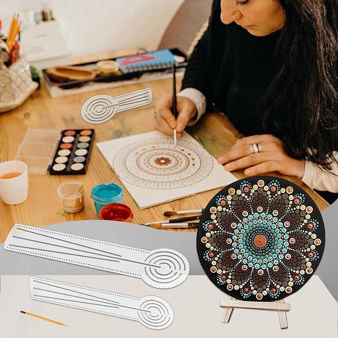 3-in-1 Mandala Ruler Tool with Holes, Mandala Dot Art Circle Maker, Compass Protractor Straight Ruler for Dot Art Geometric Mandala Pattern Design (40cm/15.8")