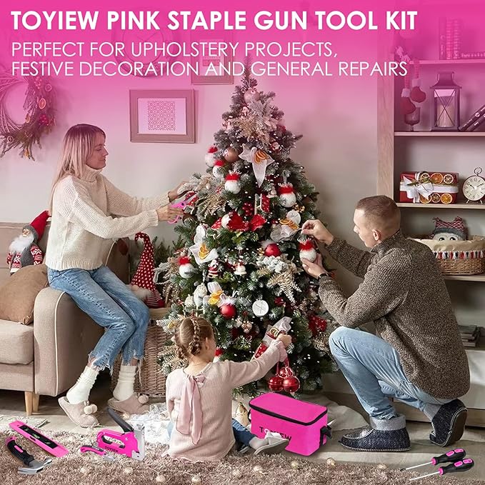 33Pcs Pink Staple Gun Tool Set, 3 in 1 Upholstery Staple Gun for Wood Heavy Duty and 900 Staples, Perfect for DIY Decoration, Crafts, Carpentry, Arts, Pink Tool Kit for Women