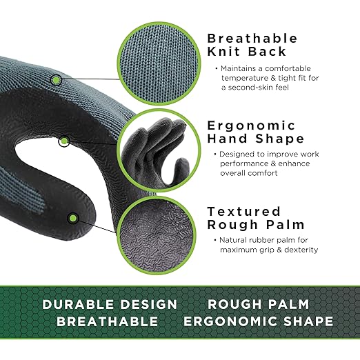 SHOWA Atlas 300B Original 1994 Crinkle Grip Work Gloves, Natural Latex Palm, Heavy Duty 10-Gauge for Construction, Landscaping, Gardening, & Masonry, Black, X-Large, 12-Pair