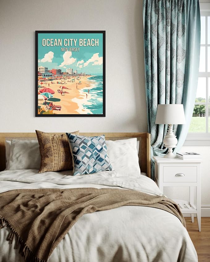 Ocean City Beach New Jersey Black Framed Wall Art Print Poster, US Vintage Retro Beach Scenery Posters Prints for Restroom Home Picture Painting Artwork Gallery 219 (Ocean City Beach New Jersey, 14"L x 11"W, Black Frame)