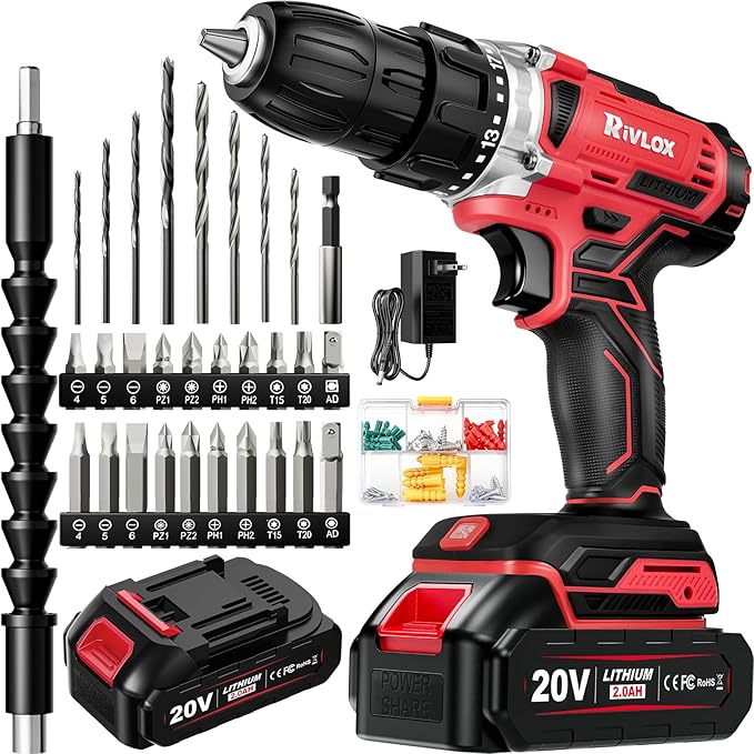 20V Cordless Drill Set,Electric Power Drill Cordless,Power Drill Drivers,Electric Screwdriver - 2.0Ah Batteries, 30Nm，21+1 Torque,2 Speed,34pcs Acessories,Built-in LED,Kit for Home,Red