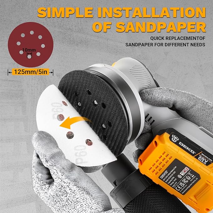 Cordless Orbital Sander: DEKOPRO 20V 5Inch Brushless Orbital Sander, 6000-12000RPM Electric Plam Sander Tool with Battery, Charger, Sanding Discs,Dust Box & Dust Pipe for Woodworking