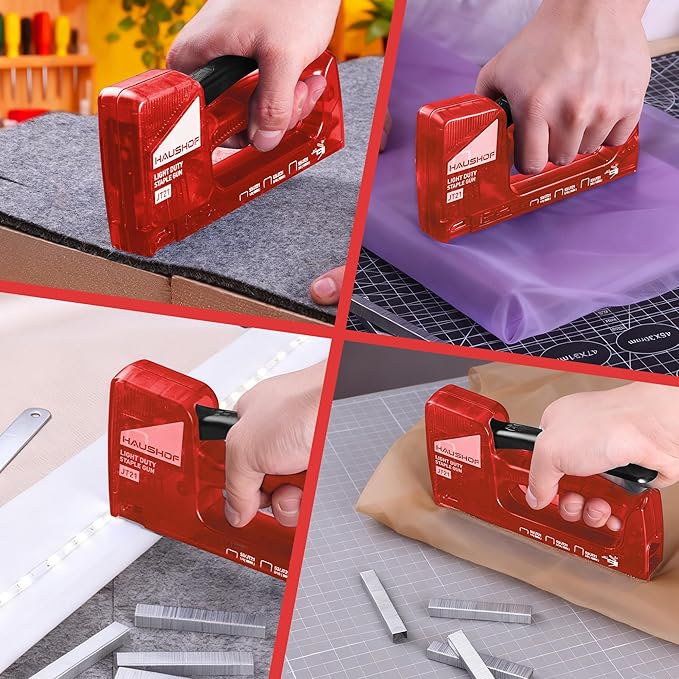 HAUSHOF Light Duty Staple Gun, Upholstery Staple Gun with 800PCS JT21 Staples and Stapler Remover, Fits JT21 Staple of 1/4'', 5/16'' & 3/8'', Used for Wood, Classroom, Crafts, DIY (Red Transparent)