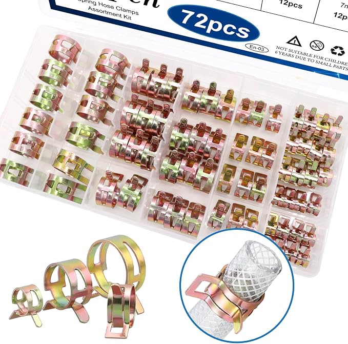 72Pcs Spring Hose Clamps Fuel Line Silicone Vacuum Hose Low Pressure Air Clamps & Sleeving Automotive Replacement Fastener Assortment Kit 6 Sizes (7mm 10mm 11mm 14mm 16mm 17mm)