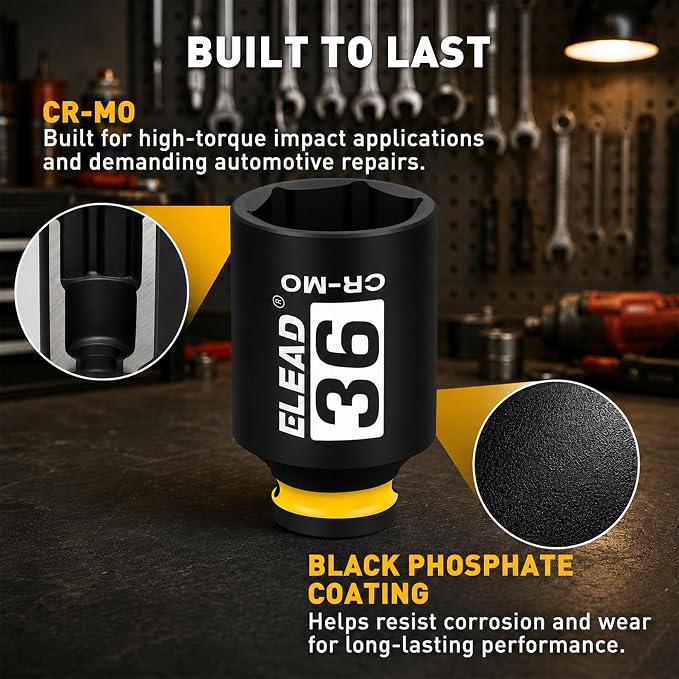 ELEAD 36mm Socket 1/2" Drive Deep Impact Socket, Metric 6 Point 1/2-inch Drive Impact Axle Nut Sockets, CR-MO Nut Socket Set, Oil Filter Sockets, Tools for Easy Removal of Axle Shaft Nuts