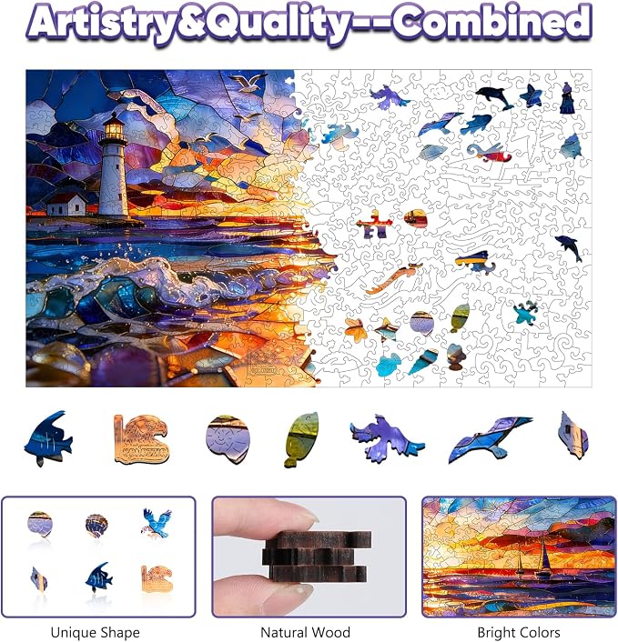 Leodozzio Sunset Lighthouse Wooden Jigsaw Puzzles 500 Pieces, Stained Glass Puzzle, 5MM Thick Unique Shaped Ocean Wooden Puzzle for Adults, Nautical Art Gift, Family Game, 10.7x19 Inch