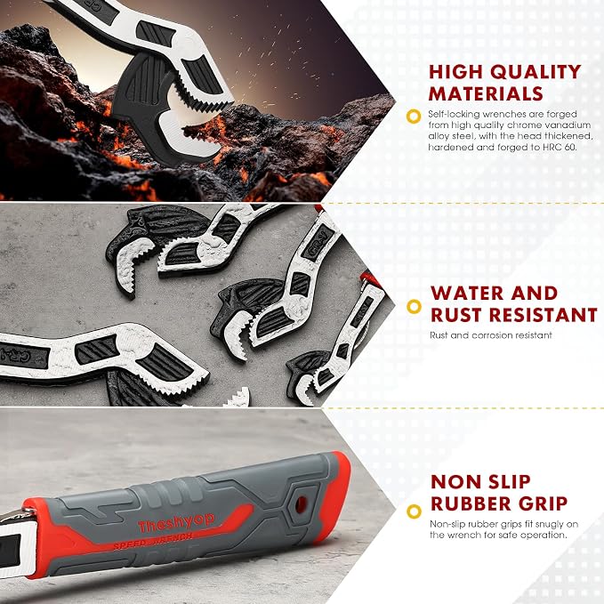Multifunctional Self locking Wrench, Self Adjusting Pipe Wrench, 8 Inch Plumbers Wrench for (9-25mm) 3/8”-1”Nuts, Irregular Nuts, Pipes Use, Chrome Vanadium Alloy Steel (8 In)