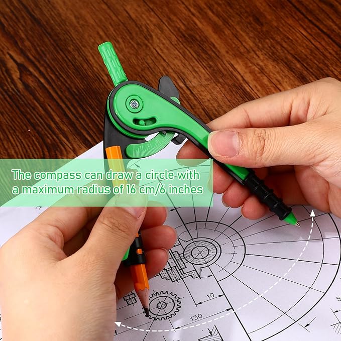 Zonon Student Protractor and Compass Set, Student Geometry Math Set Drawing Compass and 180 Degree 6 Inch Protractor with Swing Arm for Drawing Measuring School Office(Green)