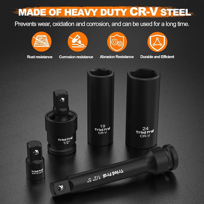 1/2" Impact Socket Set Metric and Standard-Full - Trivd Frol 65pcs Socket | SAE 3/8" to 1-1/4" and Metric 8-24mm, Shallow & Deep Socket Set, Cr-V Steel, 6-Point with Ratchet, Extension Bars, Adapter