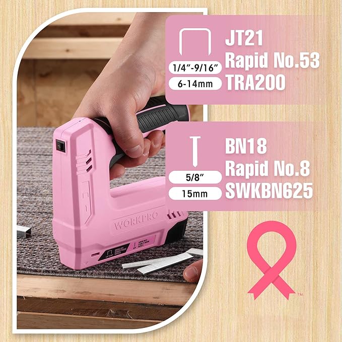 WORKPRO Electric Staple Gun, 2-in-1 Brad Nailer Electric with 2000PCS Staples Nails & USB Charger, 3.6V Staple Gun for Upholstering, Crafts, Carpentry, DIY, Pink Ribbon