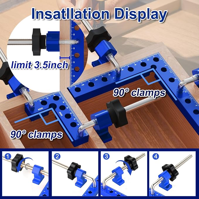 Corner Clamps for Woodworking, 8 Pcs 5.5"& 3.14" 90 Degree Aluminum Alloy Right Angle Clamp, Dual Scale Positioning Squares With Storage Box for Cabinets, Picture Frames, Drawers, For Man.(Blue).