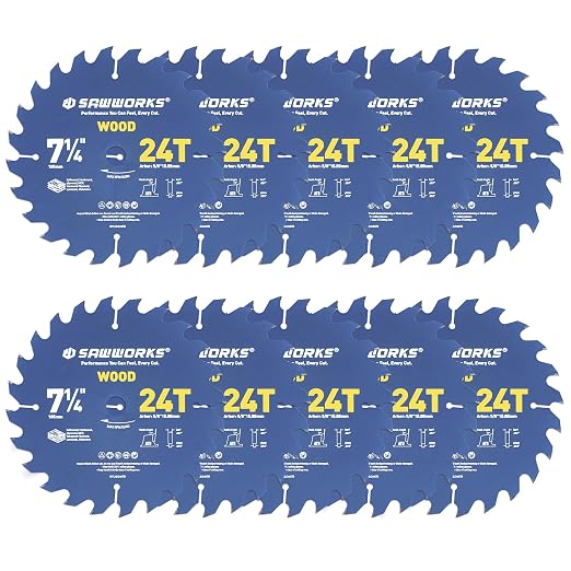 SawWorks 7-1/4" 24T Circular Saw Blade 10-Pack, Framing & Ripping for Contractors & Bulk Buyers, 5/8" Arbor