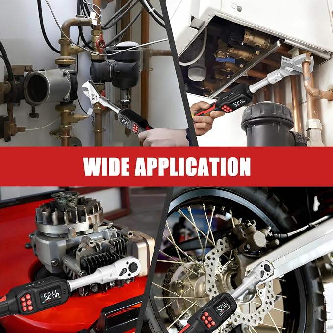 VANPO Adjustable HVAC Digital Torque Wrench, 2.2-44.3 Ft.lb/3-60Nm | 42mm Jaw & 1/2" Ratchet, 9×12mm Open End, ±2% Accuracy, Buzzer, Vibration, LED Indicator for Split AC, Motorcycle, Plumbing