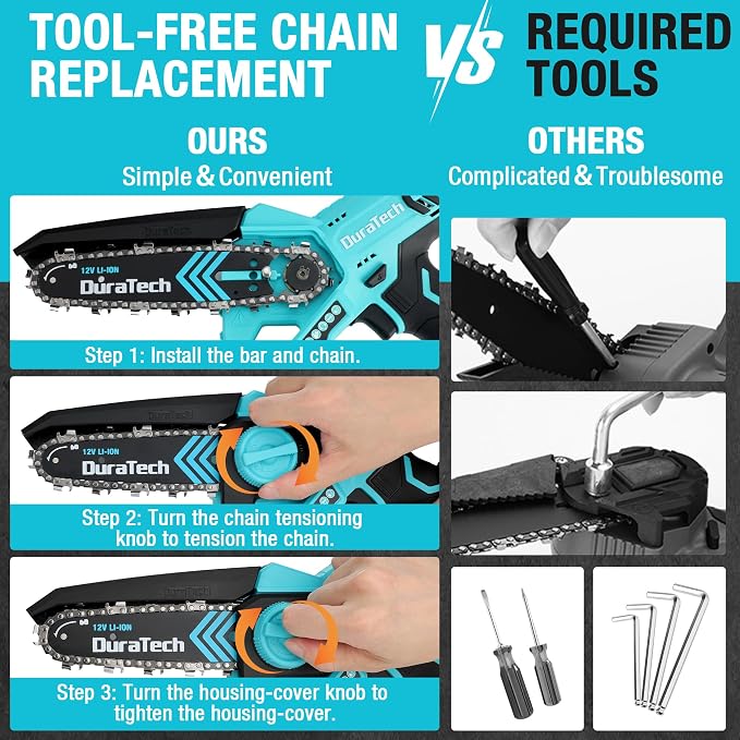 DURATECH 12V Mini Chainsaw, 6 Inch Cordless Electric Wood Cutting Saw | 2 Batteries, 2 Chains, One-Hand Operation, Portable Design, Tree Pruning, Garden Maintenance, Branch Cutting, DIY Projects