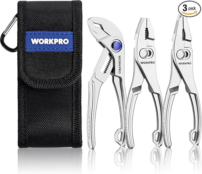 WORKPRO 3-Piece Mini Pliers Set with Pouch, 4-Inch Slip Joint Plier & 4-Inch Water Pump Plier & 4.5-Inch Long Nose Slip Joint Plier, High-Toughness Pocket Pliers for Tight Spaces & Versatile Use
