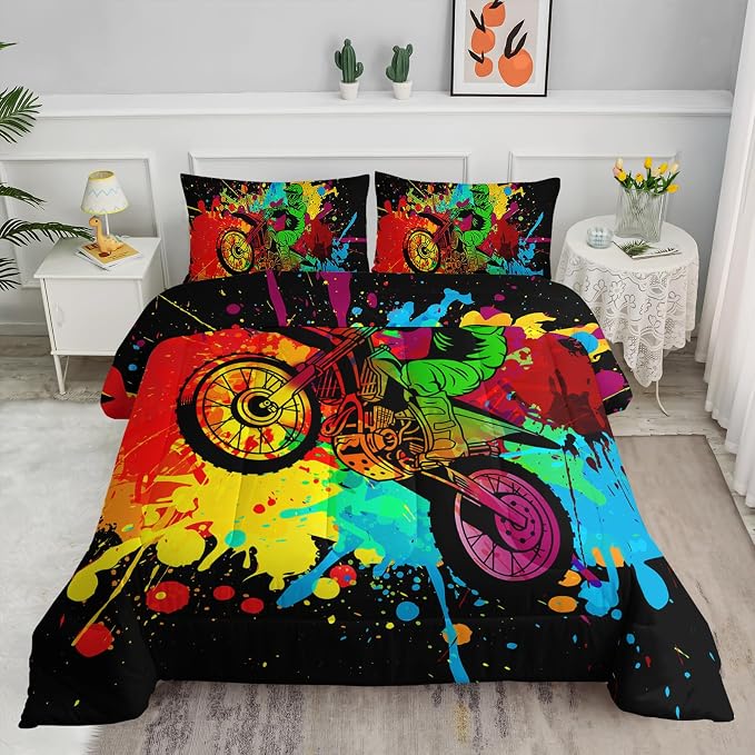Axolotl Motocross Bedding Set King,Dirt Bike Comforter Set,Extreme Sports Bedding,Motorcycle Racer Comforter,Colorful Motocross Motor Vehicles Biker Quilt for Boys Kids Teens Men,1 Quilt 2 Pillowcase
