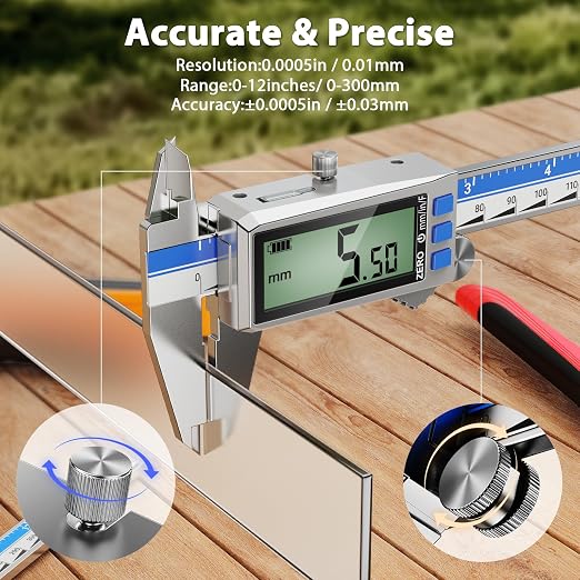 Preciva Digital Caliper 12 Inch, Rechargeable Stainless Steel Vernier Caliper with Large Display, Auto Off, Precision Inch/mm/Fraction Measuring Tool for DIY/Household/Woodworking