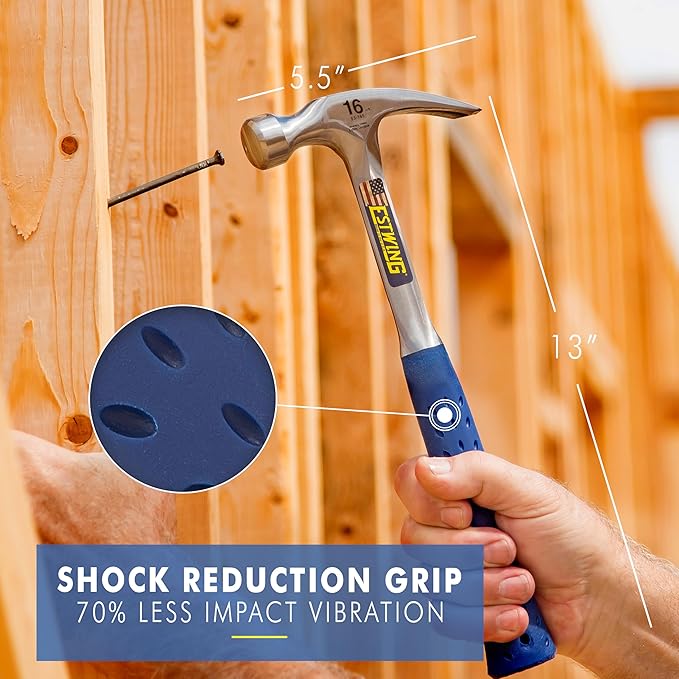 ESTWING Hammer - 16 oz USA Made Straight Rip Claw Hammer with Smooth Face & Shock Reduction Grip - E3-16S
