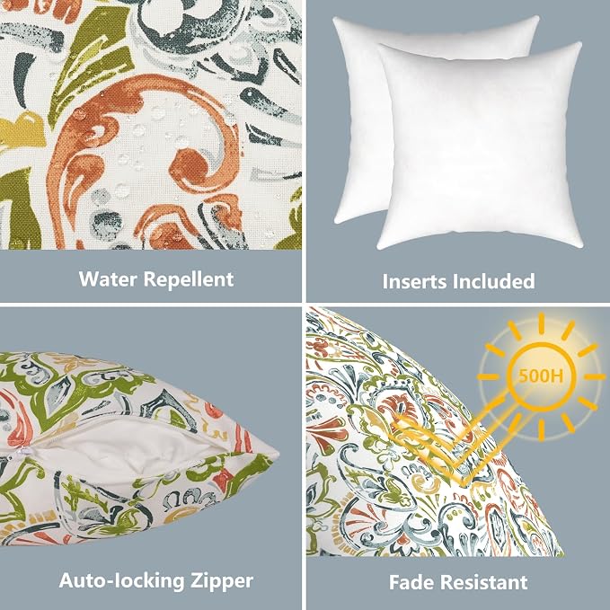 LVTXIII Outdoor Throw Pillows 16x16 Inch, Set of 2 Square Decorative Pillows with Inserts for Patio Furniture, Porch Chair, Garden Sofa, Paisley Botanical