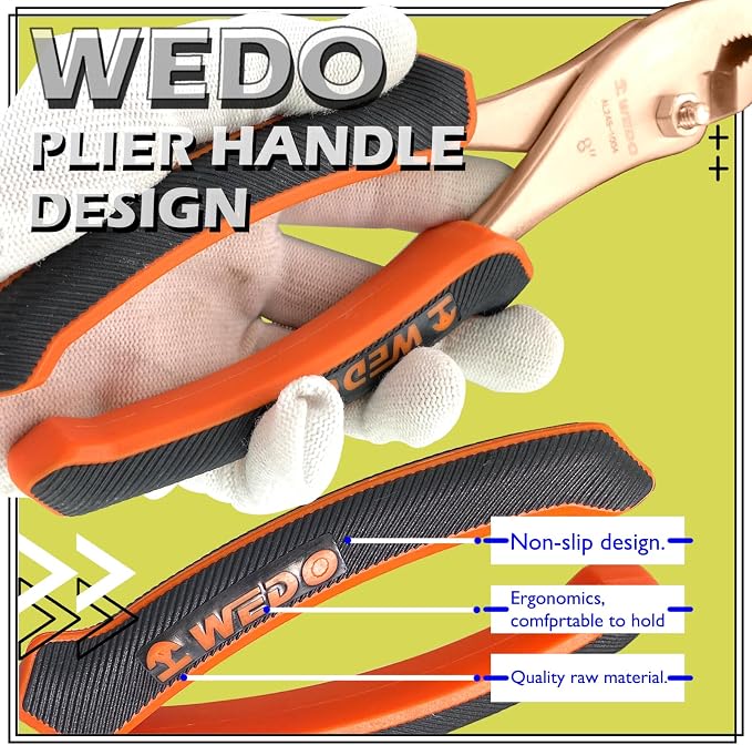WEDO Non-Sparking Adjustable Combination Pliers 6", Spark-free Safety Slip Joint Pliers, Non-Magnetic, DIN Standard, BAM & FM Certificate, Opening Max 8mm, Beryllium Copper