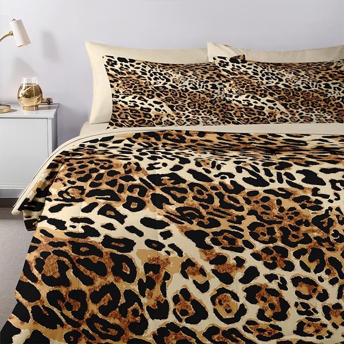 Nesker Comforter Set Full Size, Leopard Print Wild Cheetah 7 Pcs Bedding for Kids and Adults, Animal Safari Skin Pattern Bed Sheet Sets with Fitted Sheet 2 Pillowcases & 2 Shams