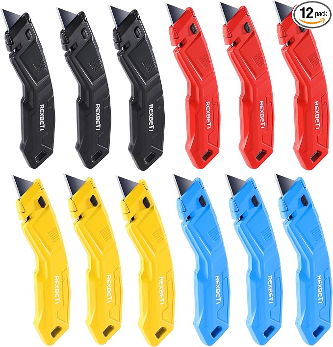 REXBETI 12 Pack Utility Knife Retractable Box Cutter, 4 Color Heavy Duty Aluminum Shell Knife Sets with Extra 20pc SK2 Blades for Cartons, Cardboard and Boxes