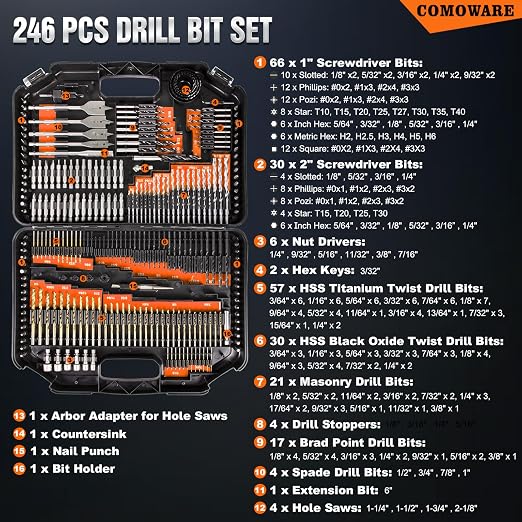 COMOWARE Drill Bit Set, 246 Pcs Screwdriver Bits for Cordless Drill, Screwdriver Drill Bits Set Combo Kit for Wood, Metal Masonry Cement, Orange Case
