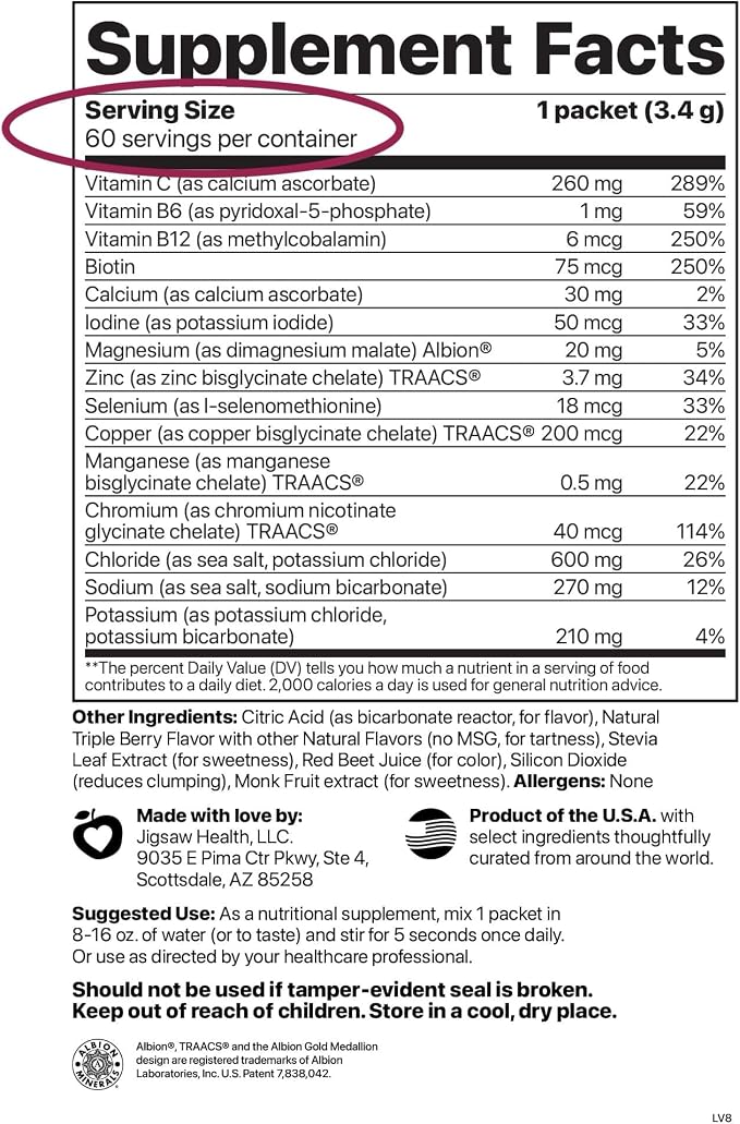 Jigsaw Health Electrolyte Supreme | Broad Spectrum of Electrolytes + Trace Minerals | Berry-Licious Flavor | 60 Servings (Packets)