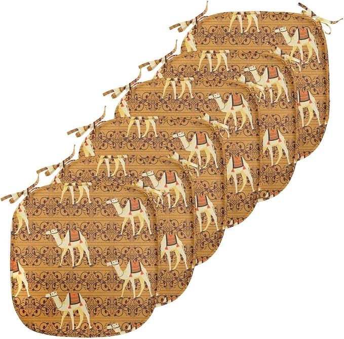 Lunarable Camel Chair Seating Cushion Set of 6, Traditional Pattern with Strokes Desert Animal Repetition in Folk Accessories, Anti-Slip Seat Padding for Kitchen & Patio, 16"x16", Apricot and Cream