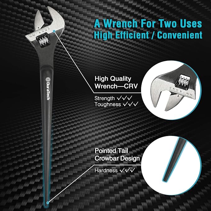 DURATECH 3-Piece Adjustable Construction Spud Wrench Set, 8, 10, 12-inch | Black Oxide Finish, CR-V Steel, SAE and Metric Scale Marked, Alignment Holes and Tail Crowbar Features
