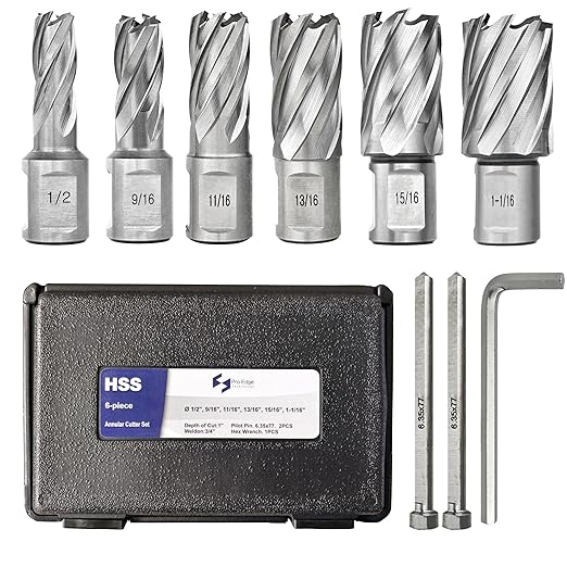 Pro Edge 6pcs Annular Cutter Set, 1" Cutting Depth, 1/2" to 1-1/16" Cutting Diameter, M2 Mag Drill Bits for Magnetic Drill Press with 2 Pilot Pin & 1 Hex Wrench, for Steel, Aluminum, Copper