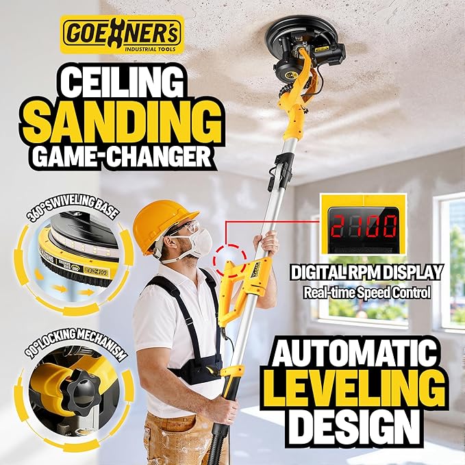 Drywall Sander, 950W 8.5A Electric Drywall Sander with Vacuum Dust Collector, 9 Variable Speed 800-2100RPM, 26FT Power Cord, Wall Sander for Popcorn Ceiling, Pole Sander for Drywall (Yellow)