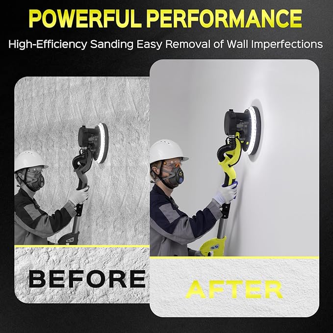 Drywall Sander, Popcorn Ceiling Removal Tool with 7 Variable Speed 800-1800RPM, 2026 Upgraded 8-Amp Drywall Sander with Vacuum Dust Collector with 12pcs Sanding Discs, Extendable Handle, LED Light