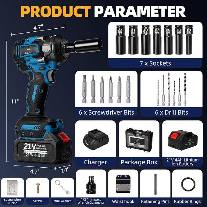 500 N.m Brushless Impact Wrench with Small Wrench, Waist Hook, 7 Sockets, 6 Screwdrivers and 6Drill Bits 3500 RPM Heavy Duty Impact Drill for Cars, RV, Truck,Home Furniture and DIY Projects