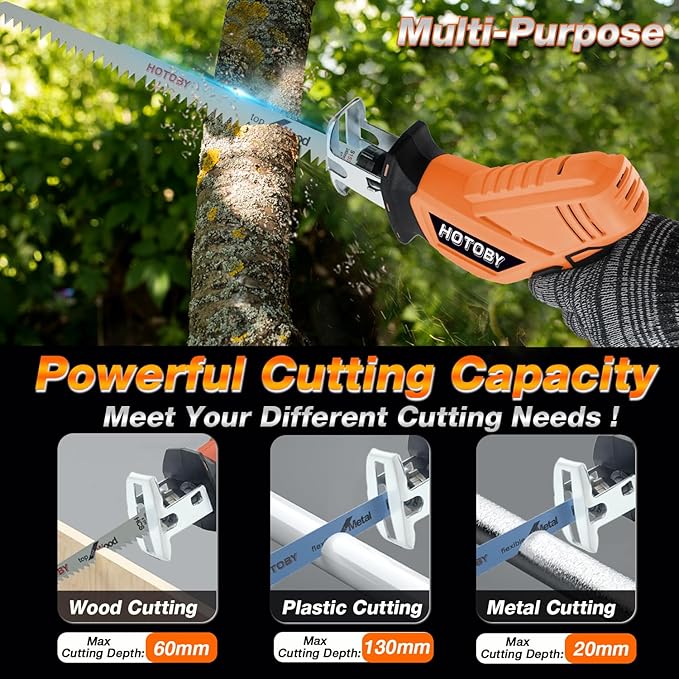 Reciprocating Saw, Cordless, Electric Reciprocating Saw with 2 Batteries, Includeds 8 Blades Kit, Tool-free Blade Change, Variable Speed, Multi-Purpose, For DIY Wood Metal PVC Cutting (Orange)