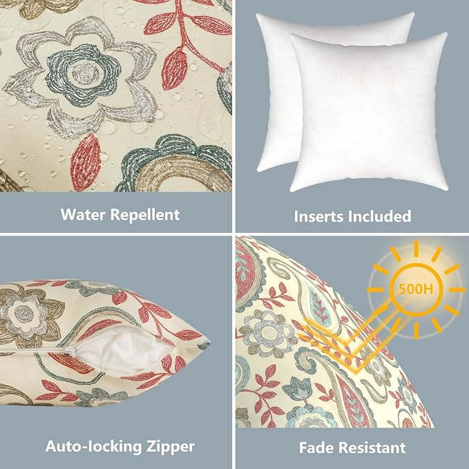 LVTXIII Outdoor Throw Pillows 16x16 Inch, Set of 2 Square Decorative Pillows with Inserts for Patio Furniture, Porch Chair, Garden Sofa, Paisley Vintage