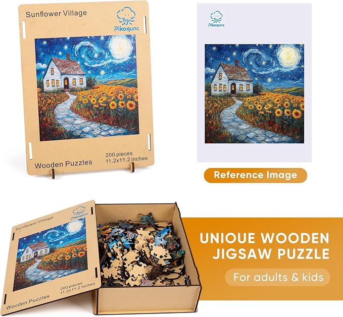 Pikoqunc Sunflower Village Wooden Puzzles for Adults,200 Pieces 11.2x11.2 in,Charming Countryside Jigsaw Puzzle with Unique Laser-Cut Pieces and Exquisite Box, for Family Fun and Festival