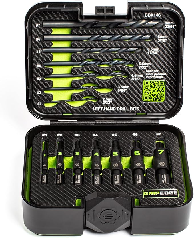 GRIPEDGE Tools | 14PC G-FORS Extractor Set | Sizes #1 - #7 | Left Hand Drill Bits Included | Removes Broken Studs, Stripped Bolts/Screws | Includes Premium Plastic Case with Foam Insert |