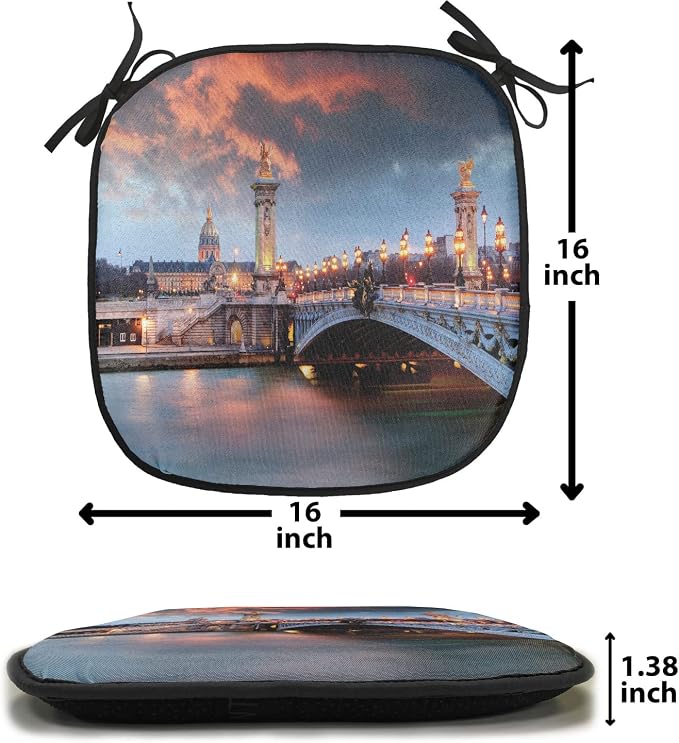 Lunarable Paris Chair Cushion Pads Set of 6, Alexandre III Bridge Paris France Palace Warm Color Peaceful Waterscape, Anti-Slip Seat Padding for Kitchen & Patio, 16"x16", Coral Dark Blue Tan
