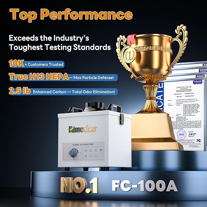 FumeClear Solder Fume Extractor - Powerful 100W Suction 200m³/h, Low-Noise, 3-Stage Filtration System with 12PCS Filters for Laser Welding Smoke Absorption and Desktop Soldering