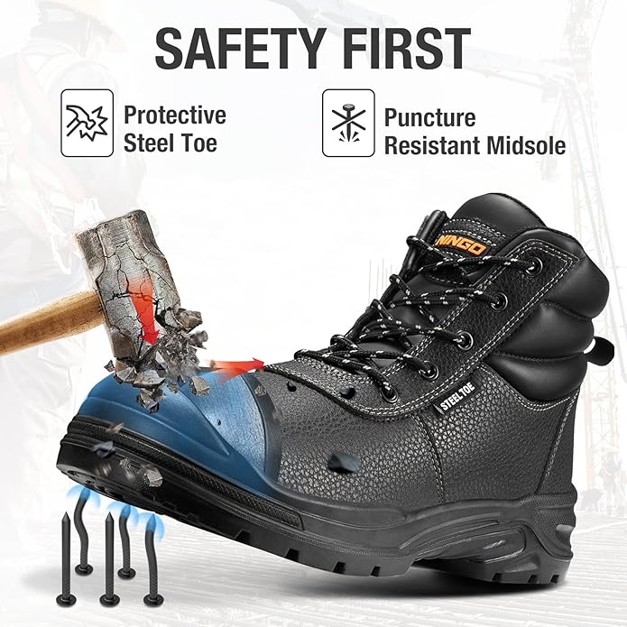 NINGO Steel Toe Work Boots for Men, Non Slip & Puncture Resistant Construction Boots with Breathable Lining, EH Protection, Comfortable Mens Safety Leather Work Shoes for Industrial, Walking Warehouse