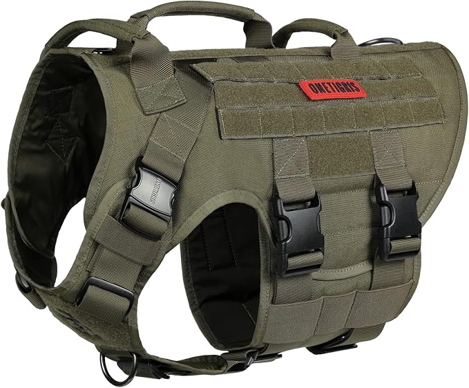 OneTigris Large Tactical Dog Harness, No Pulling Adjustable Dog Vest Harness, Heavy Duty X Destroyer Dog Harness with Handle, Large Hook and Loop Panels for Patch Green