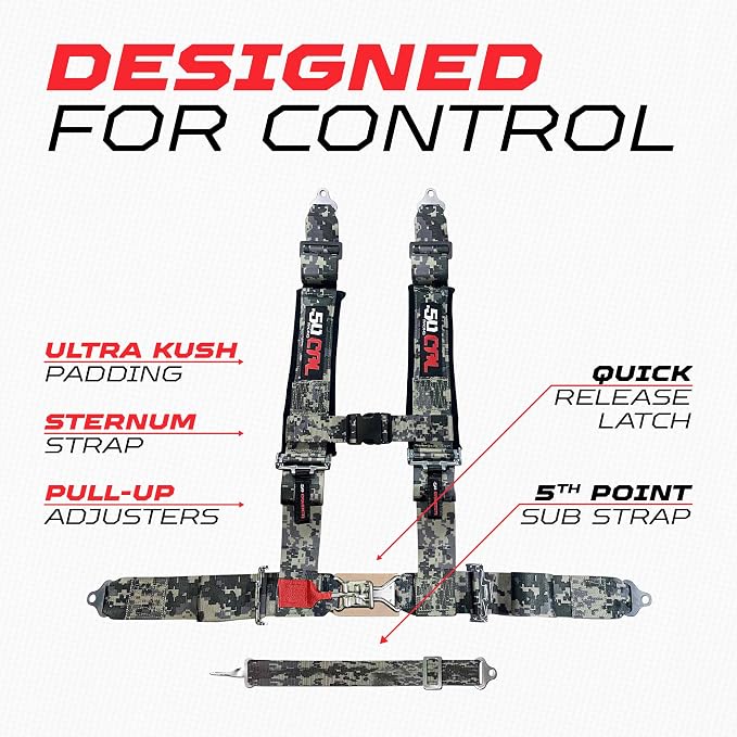 1pc Camouflage 5 Point Harness for Bucket Seat, Latch Release, 9 Color Options, Racing Harness 5 point, Race Car, UTV, RZR [6001A3]