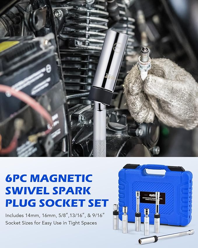 OMT 6pc 3/8" Drive Spark Plug Socket Set with Swivel and Thin Wall | 9/16" 5/8" 14mm 16mm Sizes, Cr-V Steel; 6 Point & 12 Point, 360-Degree Swivel, Secure Magnetic Core, Tight Spaces, DIY