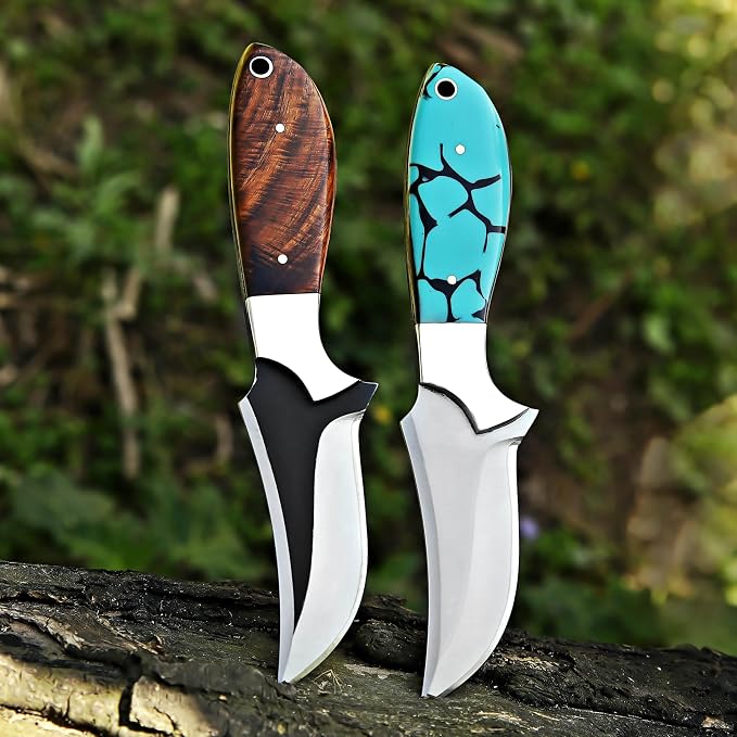 Custom Handmade 7'' fixed blade hoof rasp knife Cow boy knife Turquoise Handle Damascus steel Bull cutter, cowboy knives with pancake leather sheath (BLUE RESIN)