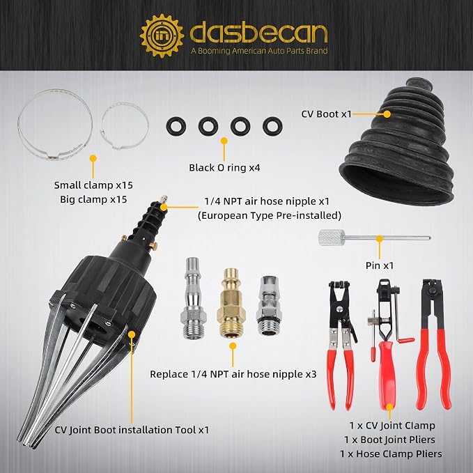 Dasbecan Upgraded Pneumatic CV Boot Expander Tool, CV Boot Clamp Tool Kit | Black Universal CV Axle Boot Spreader with 3 CV Joint Boot Clamp Pliers , 1 Boot, 15 Clamps and 4 1/4" NPT Air Hose Nipple