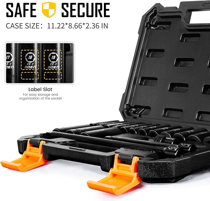 BOEN 3/8" Drive Deep Impact Socket Set, 18 Piece Metric Socket Set 8mm to 22mm, Includes 6", 10" Extension Bars, Universal Joint, 6 Point Design, Cr-V Steel, Heavy Duty Storage Case
