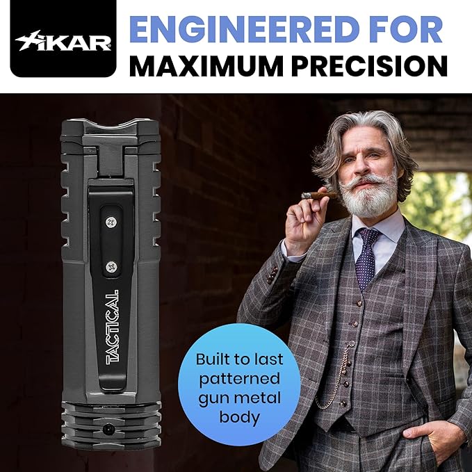 XIKAR Tactical Single-Jet Lighter, Gunmetal - Powerful Flame, Rugged Design with Rest Feature, Pocket Clip, EZ-View Fuel Window, and Adjustable Flame Height - Ideal for Outdoor Use