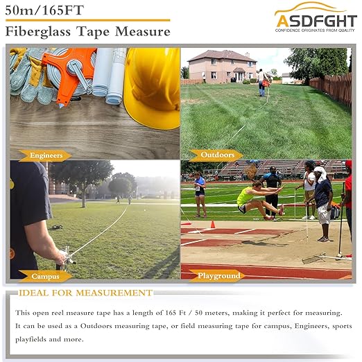 Open Reel Tape Measure 165 Feet, Fiberglass Tape Measure, Yard Measuring Tape Fit for Sports Field, Outdoor, Engineer,Track, Durable Dual-Sided Measuring Reel with Feet and Meters (1/2')