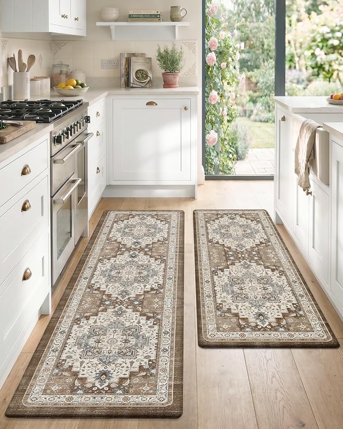Color&Geometry Anti Fatigue Kitchen Mats for Floor 2 Piece 24"x59"+24"x87", Vintage Kitchen Rug Set, Waterproof & Oil Proof, 0.4" Thick Cushioned, Non-Slip Wide Runner for Sink, Laundry,Brown